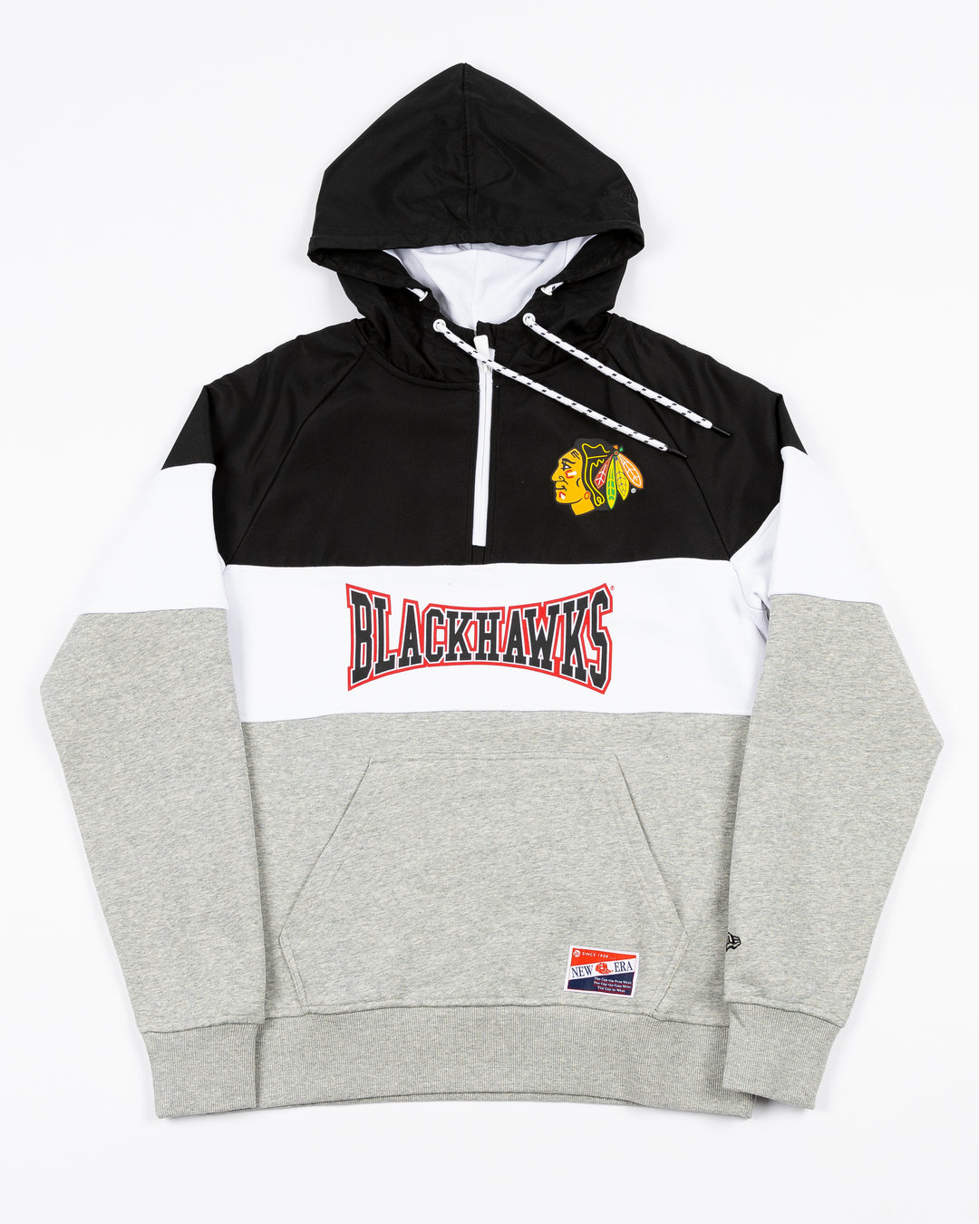 black, white and grey New Era half zip hoodie with Chicago Blackhawks wordmark and primary logo on front - front lay flat