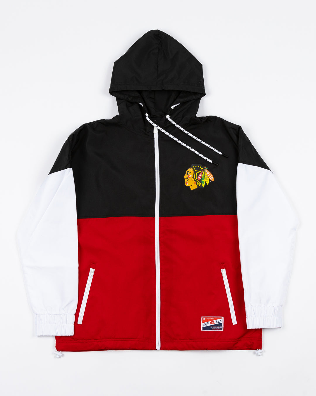 black, red and white New Era full zip jacket with hood with Chicago Blackhawks primary logo on left chest - front lay flat