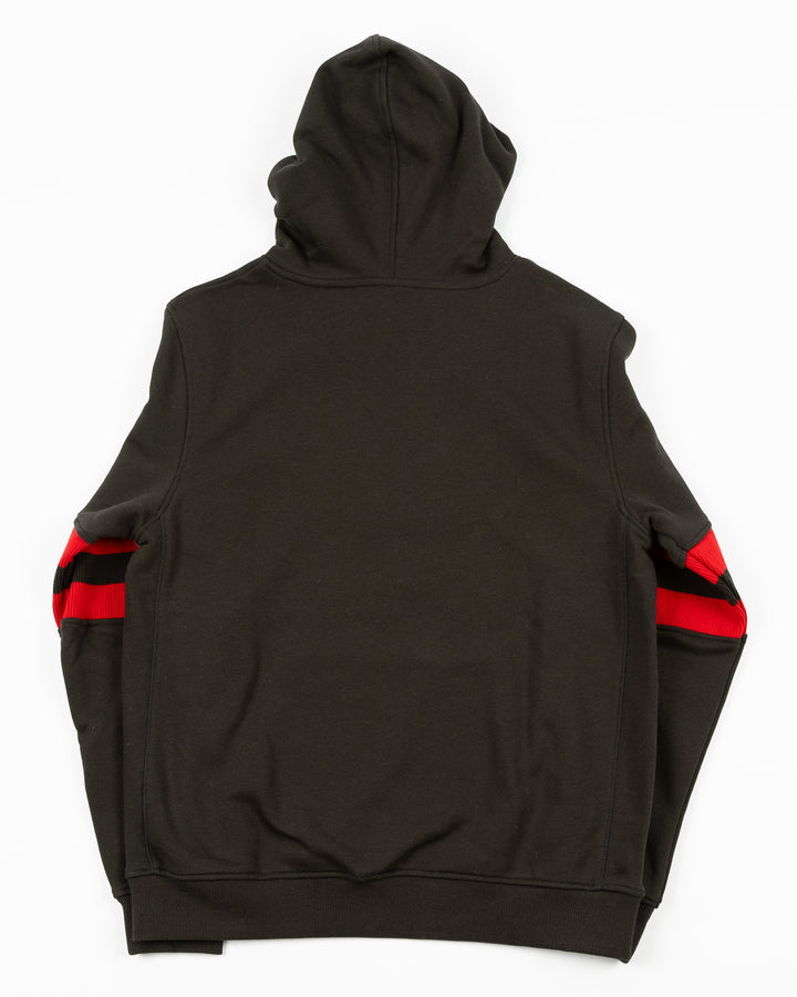 black New Era hoodie with Chicago Blackhawks chenille word graphic on front above embroidered primary logo with red stripes on sleeves - back lay flat