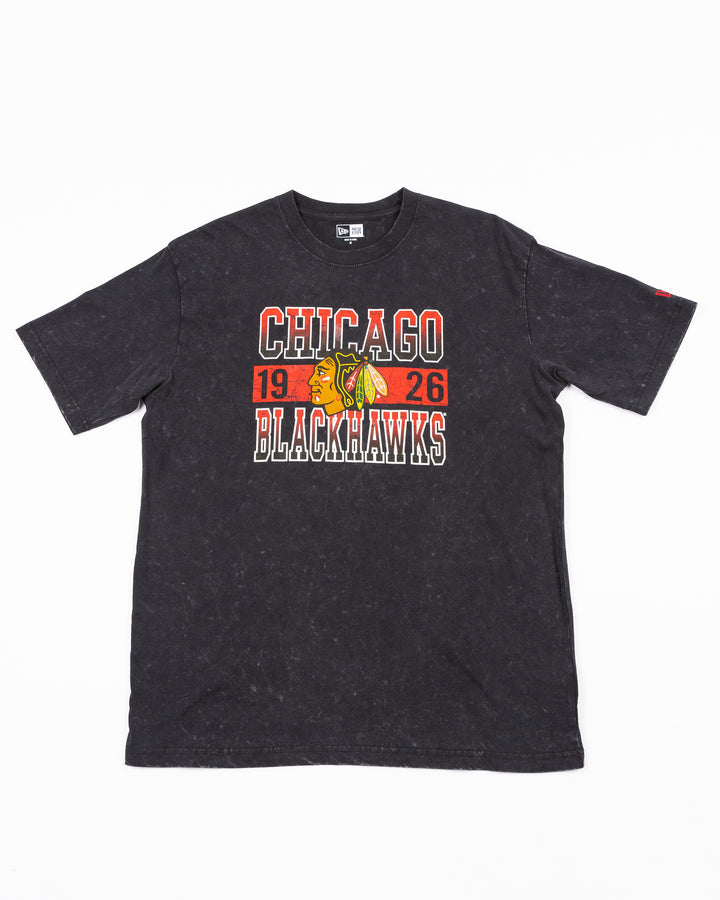 washed black short sleeve New Era tee with Chicago Blackhawks 1926 graphic with primary logo across front - front lay flat