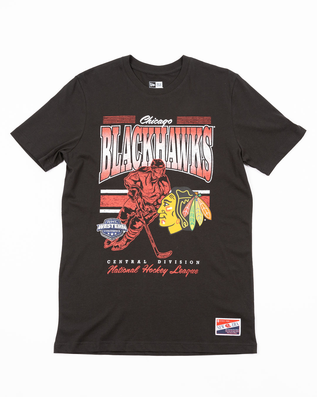 black short sleeve New Era tee with Chicago Blackhawks hockey player silhouette graphic vintage design - front lay flat