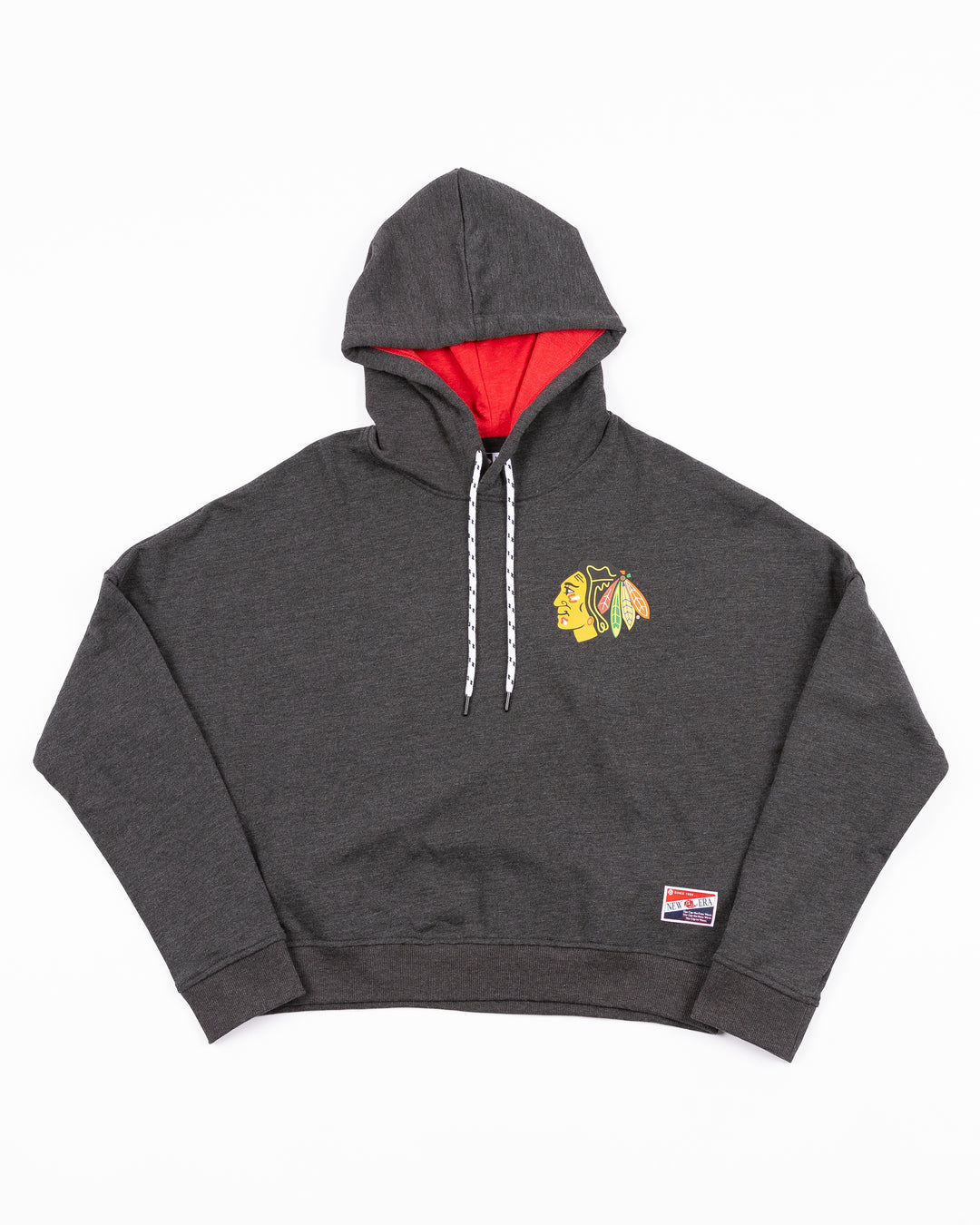 cropped black ladies New Era hoodie with Chicago Blackhawks primary logo on left chest - front lay flat