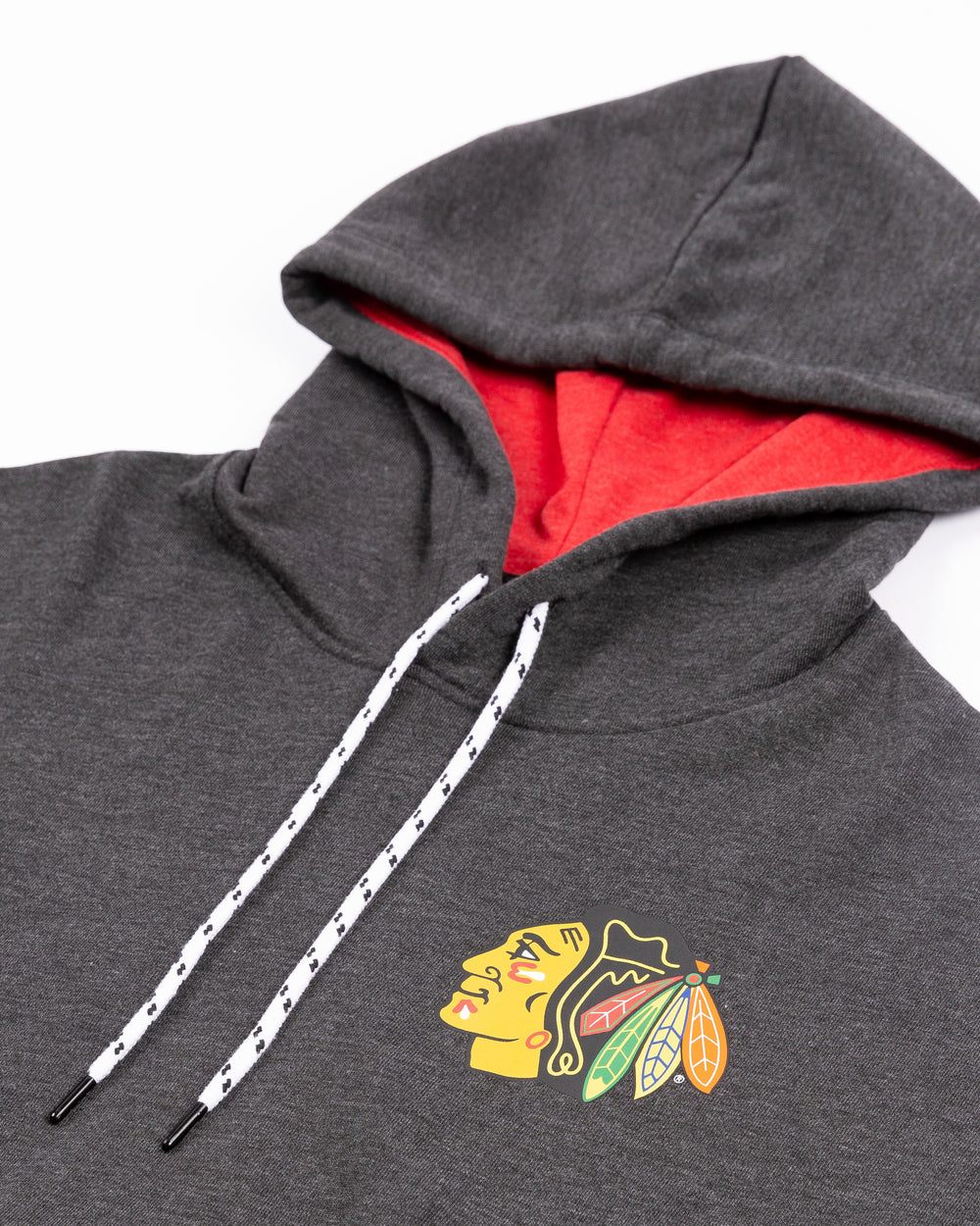 cropped black ladies New Era hoodie with Chicago Blackhawks primary logo on left chest - front detail lay flat