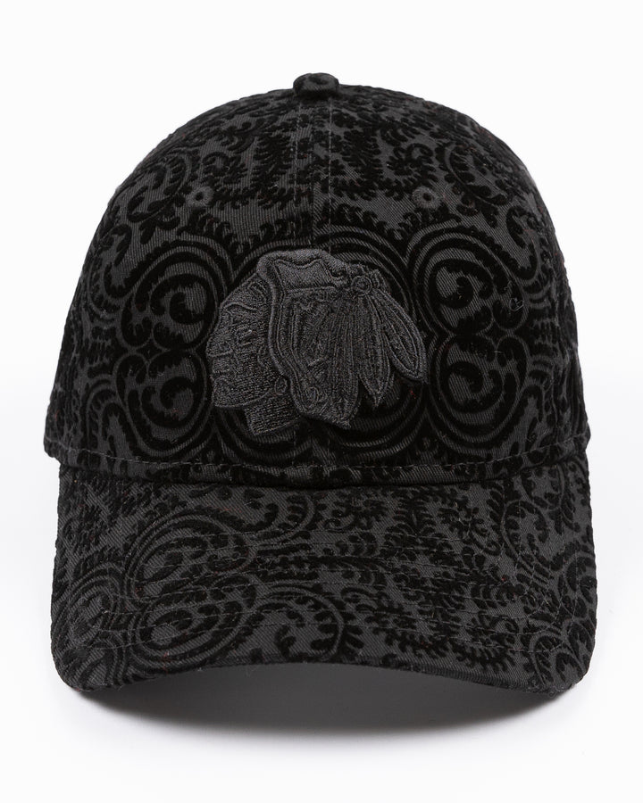 black New Era ladies hat with textured design and tonal Chicago Blackhawks primary logo embroidered on front - front lay flat