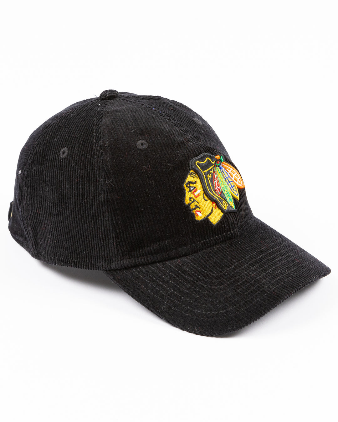 black corduroy New Era adjustable hat with embroidered Chicago Blackhawks primary logo on front - right angle lay flat