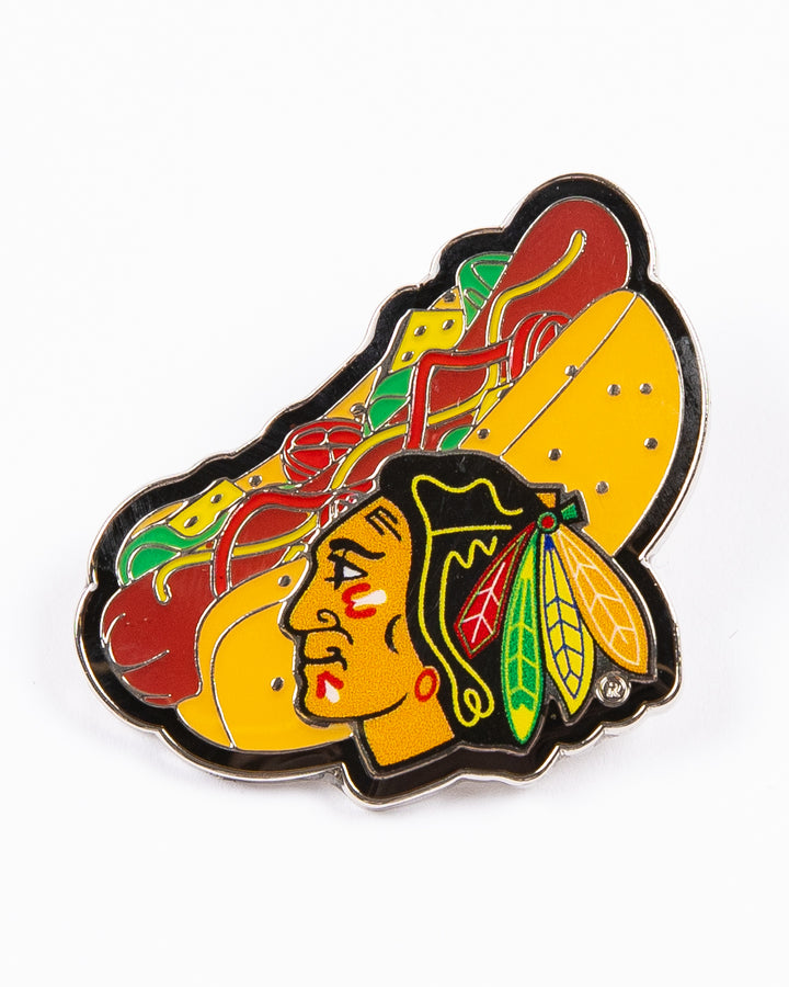 aminco pin with Chicago hot dog and Chicago Blackhawks primary logo on front - front lay flat