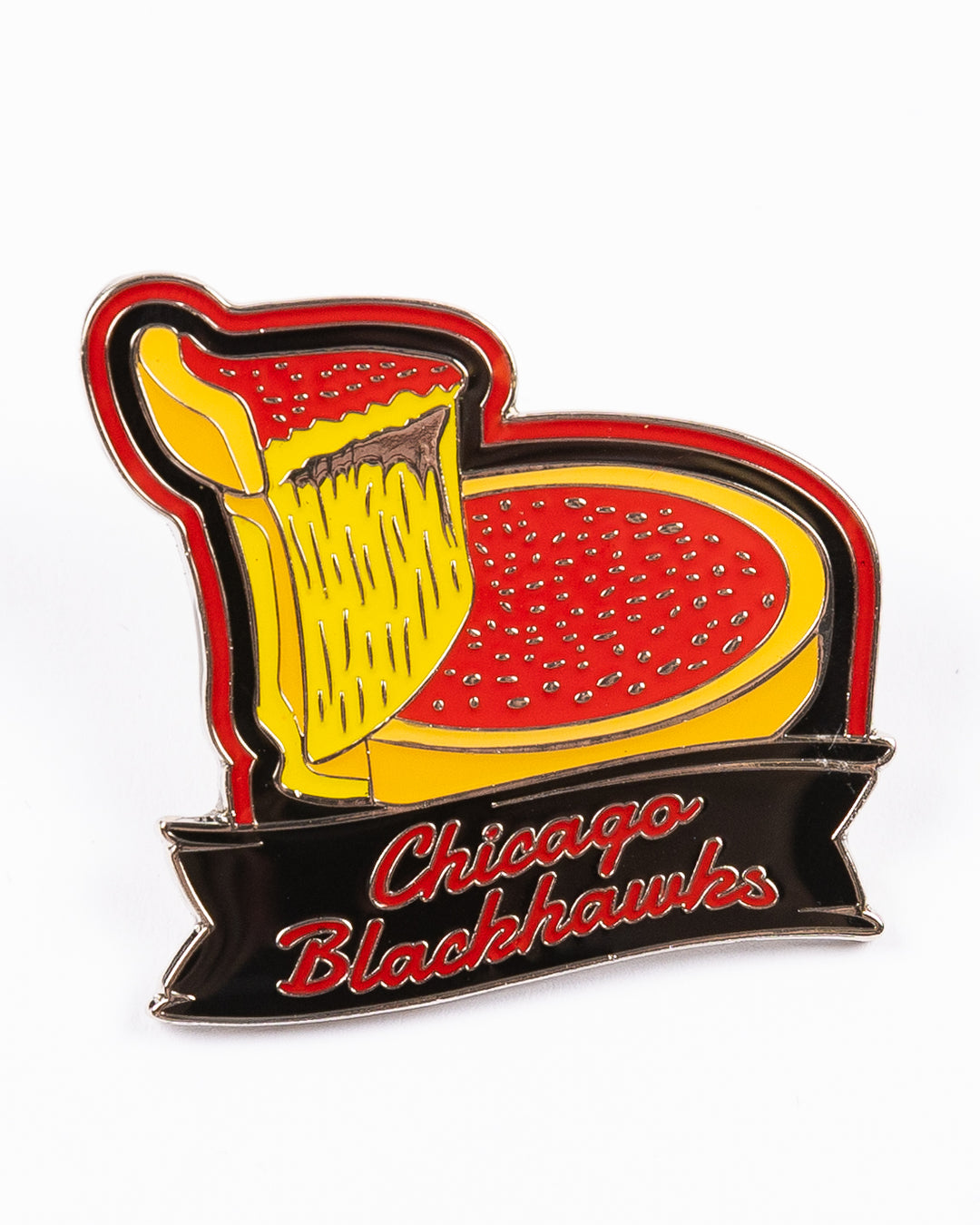 aminco pin with deep dish pizza deign and Chicago Blackhawks script wordmark - front lay flat