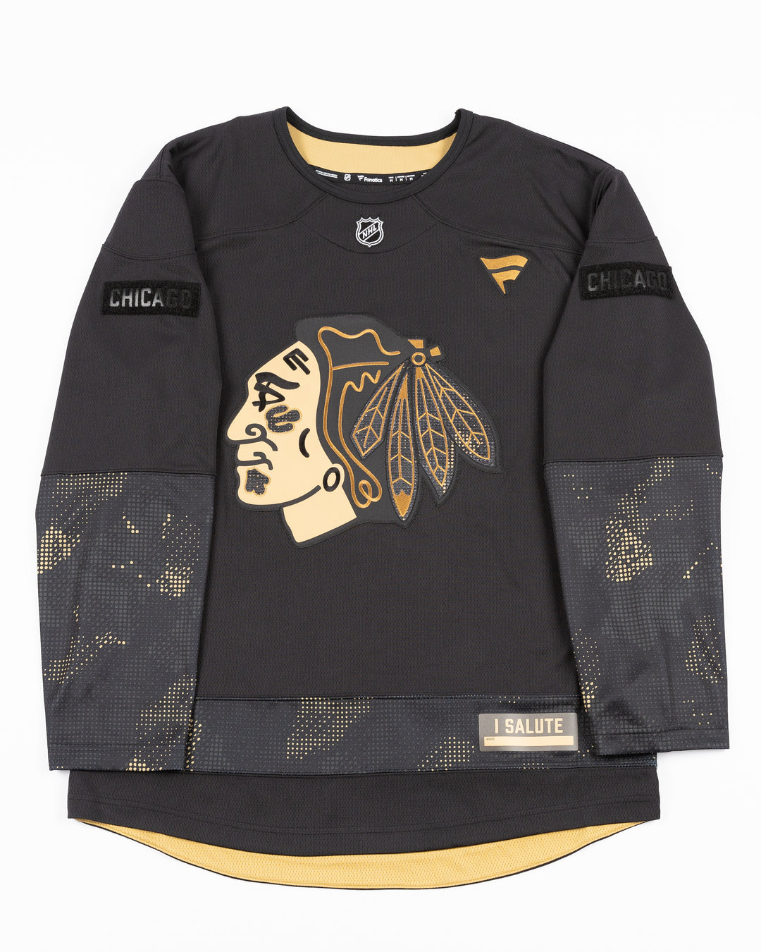 black and brown Fanatics military appreciation practice jersey with Chicago Blackhawks decoration - front lay flat