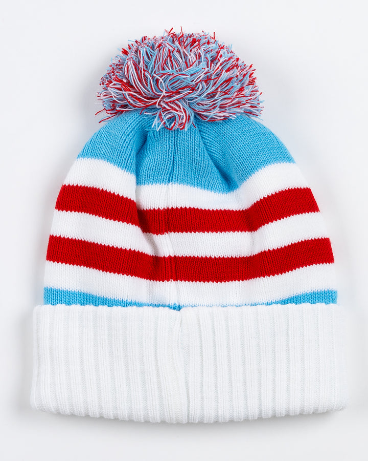 red, white and blue striped knit hat with Chicago Blackhawks primary logo embroidered on front cuff and multi-color pom on top - back lay flat