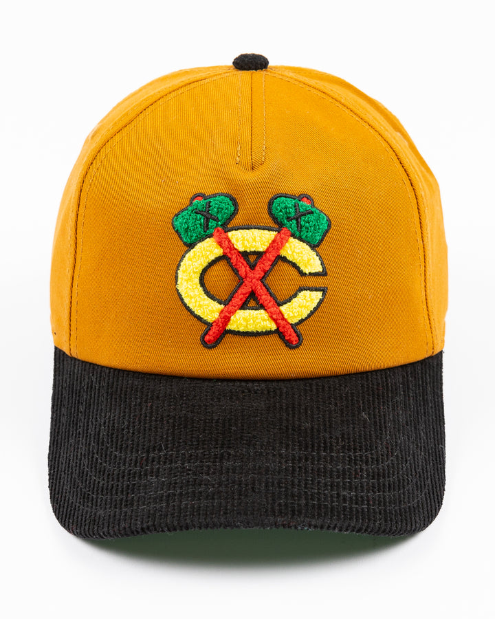 two-tone brown and black American Needle adjustable cap with Chicago Blackhawks secondary logo in chenille on front - front lay flat