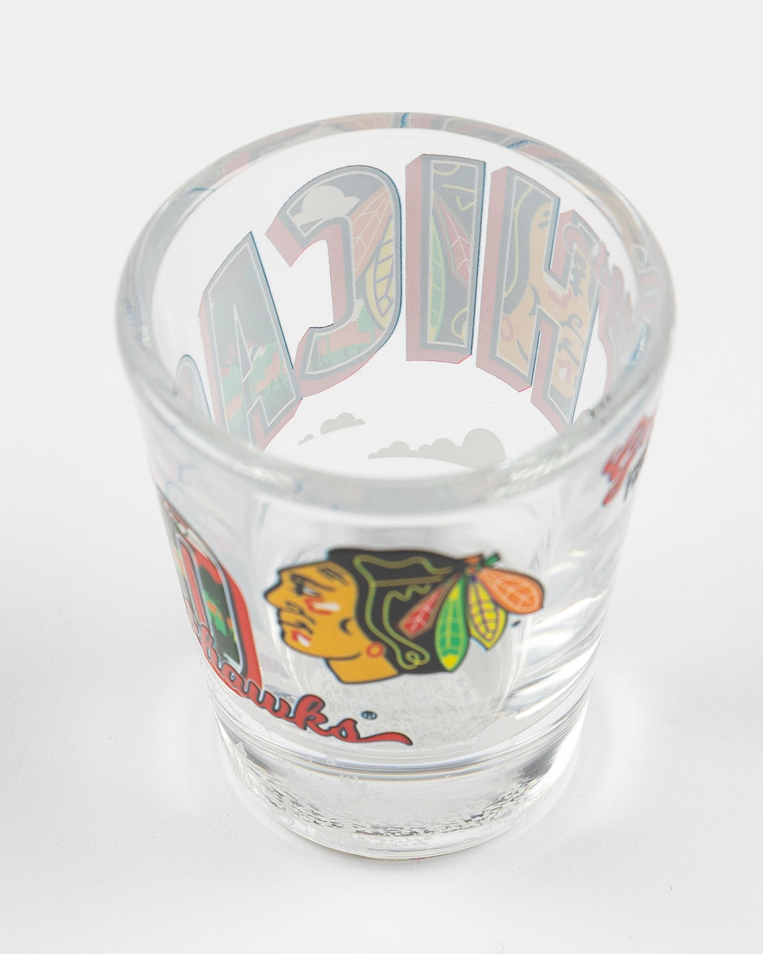 shot list with Chicago wordmark and Chicago Blackhawks primary logo - above angle lay flat