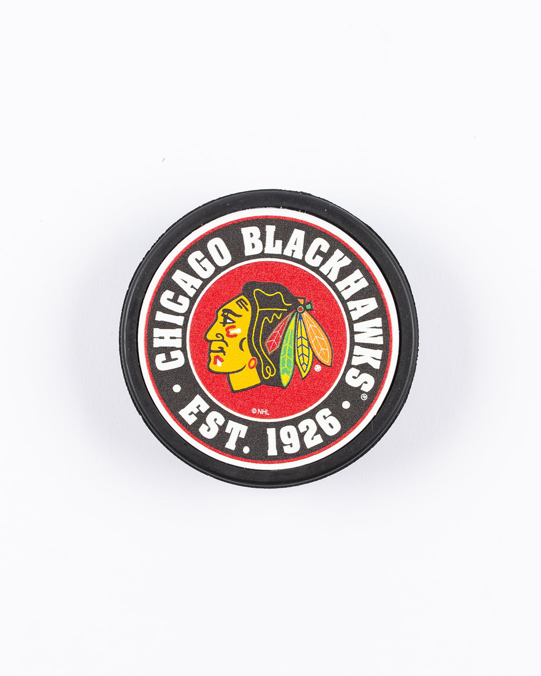 hockey puck with Chicago Blackhawks primary logo and established 1926 word graphic surrounding it - front lay flat
