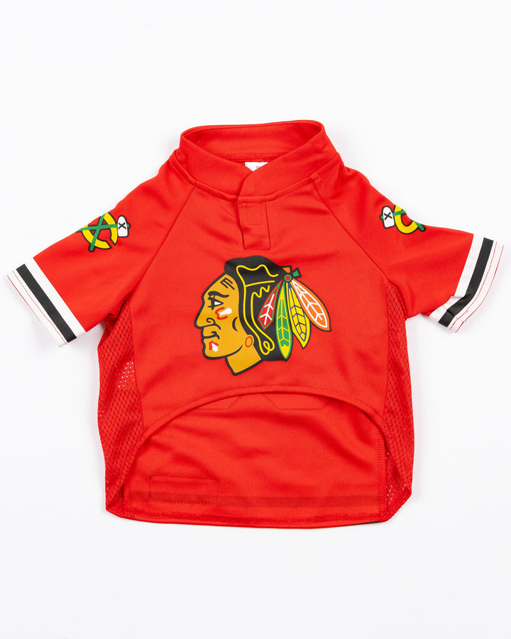 Chicago Blackhawks pet jersey with Connor Bedard name and number - front lay flat