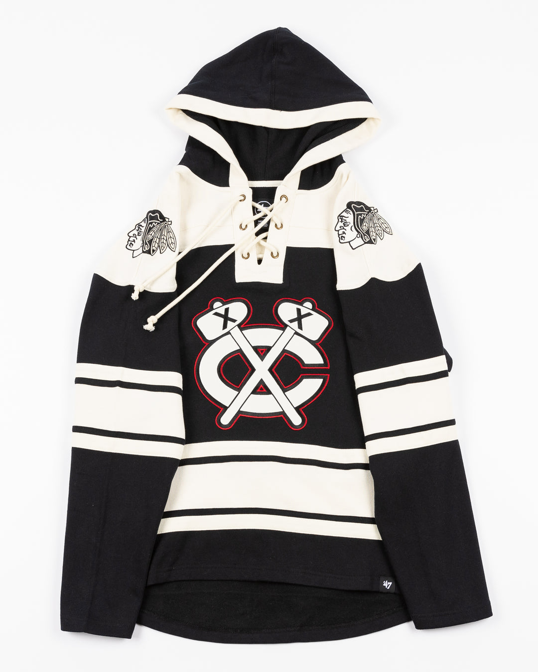 black and cream '47 brand lacer hoodie with Chicago Blackhawks secondary logo on front and primary logo on shoulders - front lay flat