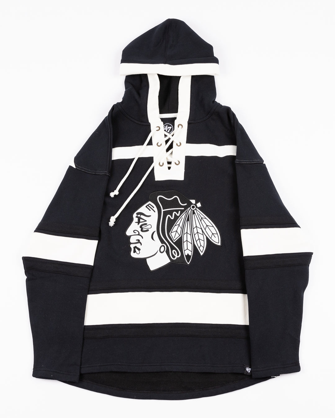 black and white '47 brand lacer hoodie with Chicago Blackhawks tonal primary logo on front and Bedard name and number on back - front lay flat