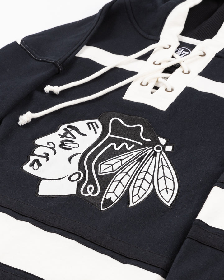 black and white '47 brand lacer hoodie with Chicago Blackhawks tonal primary logo on front and Bedard name and number on back - front detail lay flat