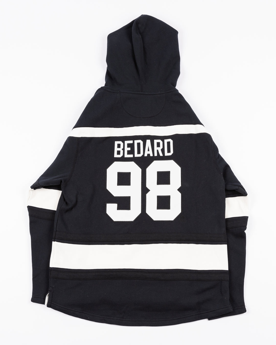 black and white '47 brand lacer hoodie with Chicago Blackhawks tonal primary logo on front and Bedard name and number on back - back lay flat