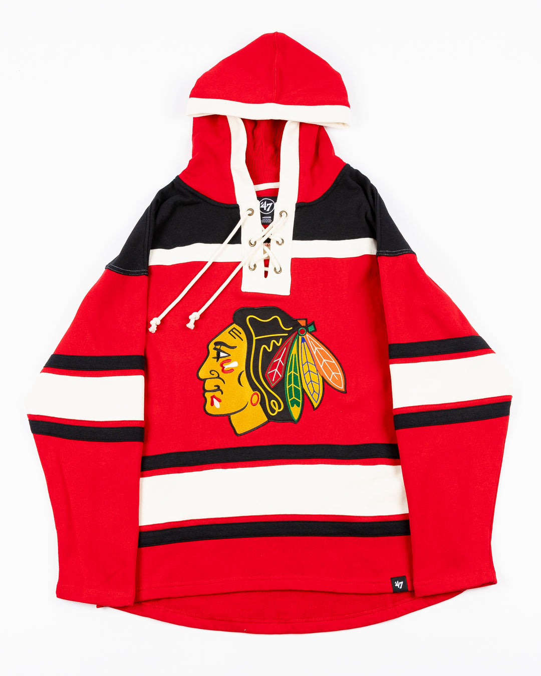 red black and white '47 brand lacer hoodie with Chicago Blackhawks primary logo on front and Bedard name and number on back - front lay flat