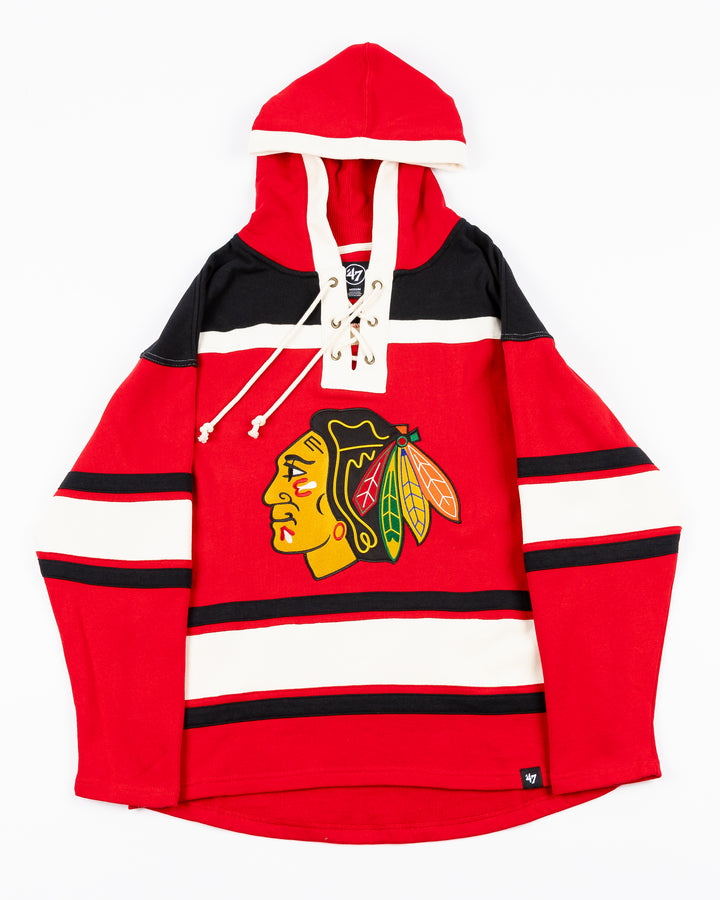 red black and white '47 brand lacer hoodie with Chicago Blackhawks primary logo on front and Bedard name and number on back - front lay flat