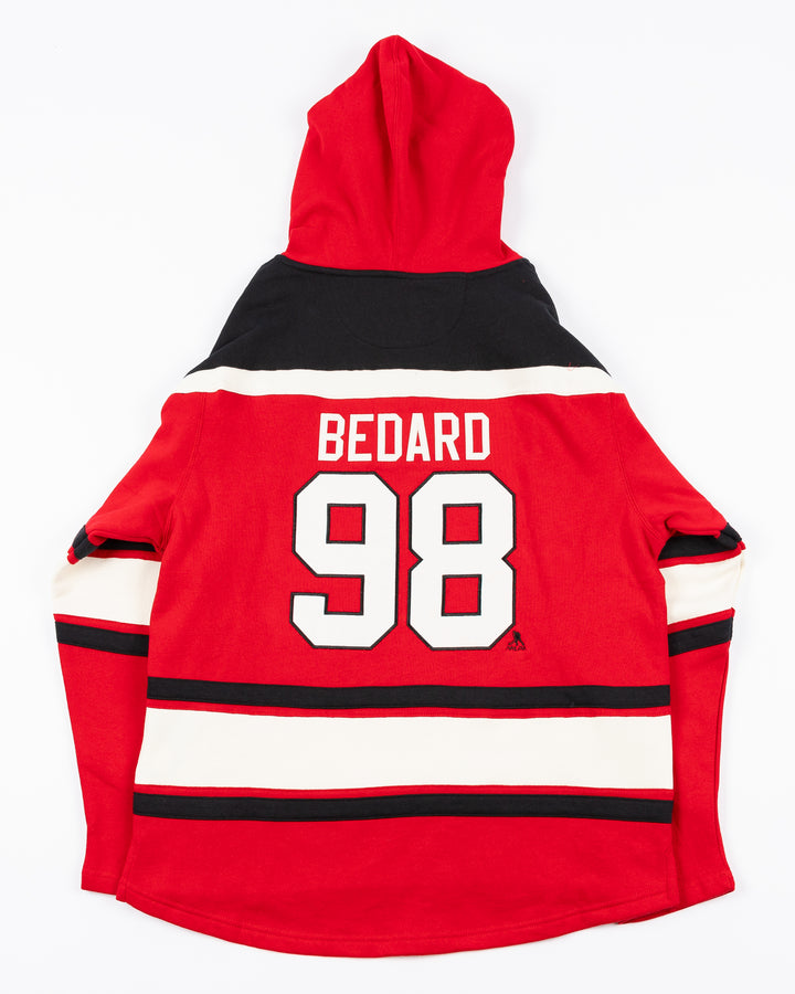 red black and white '47 brand lacer hoodie with Chicago Blackhawks primary logo on front and Bedard name and number on back - back lay flat