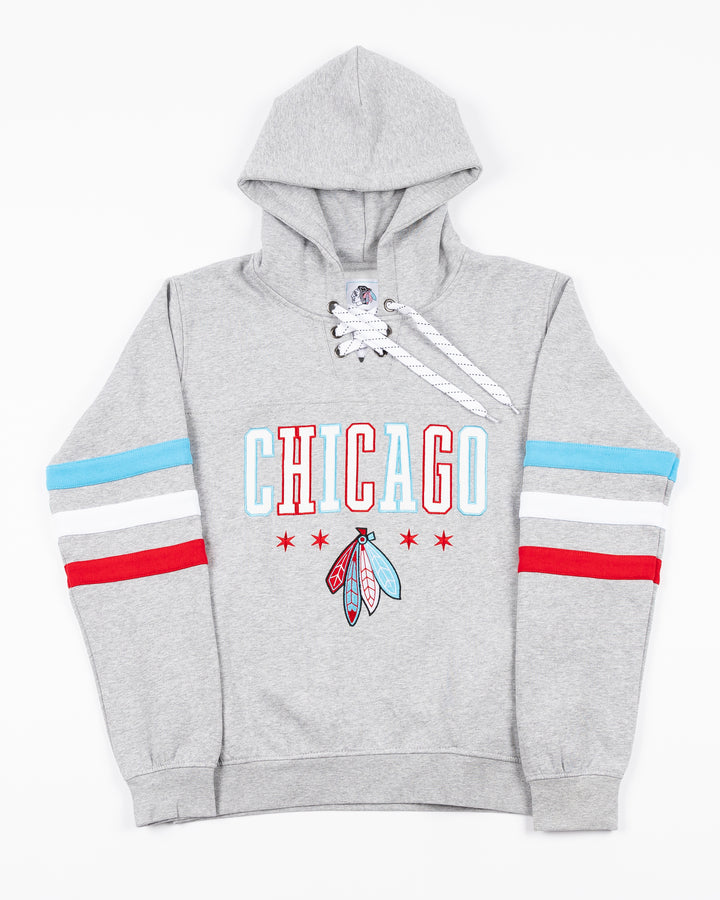 grey lacer hoodie with blue white and red stripes on arms with Chicago wordmark above Chicago Blackhawks four feather logo embroidered on front - front lay flat