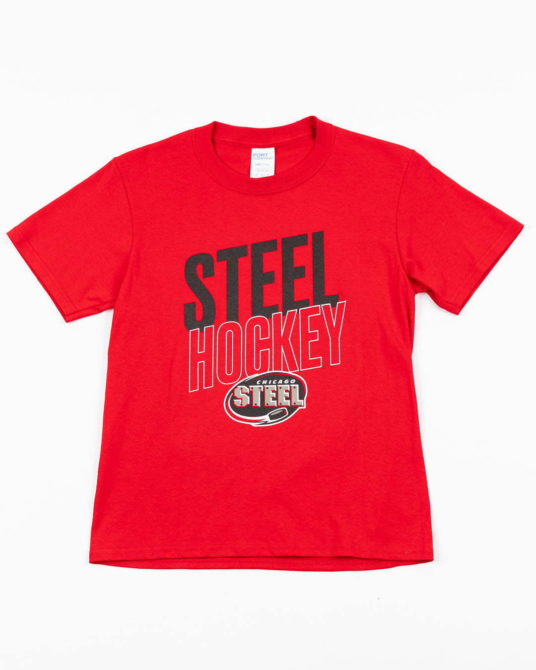 red youth short sleeve tee with Steel Hockey wordmark and classic logo across front - front lay flat