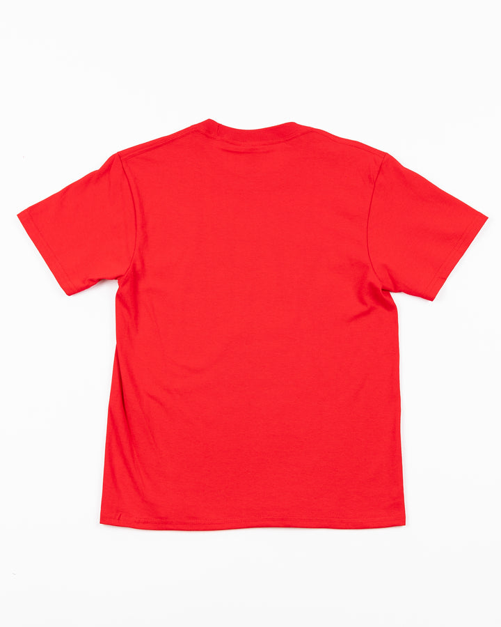 red youth short sleeve tee with Steel Hockey wordmark and classic logo across front - back lay flat