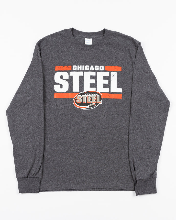 dark grey long sleeve tee with Chicago Steel hockey team wordmark and logo across front - front lay flat