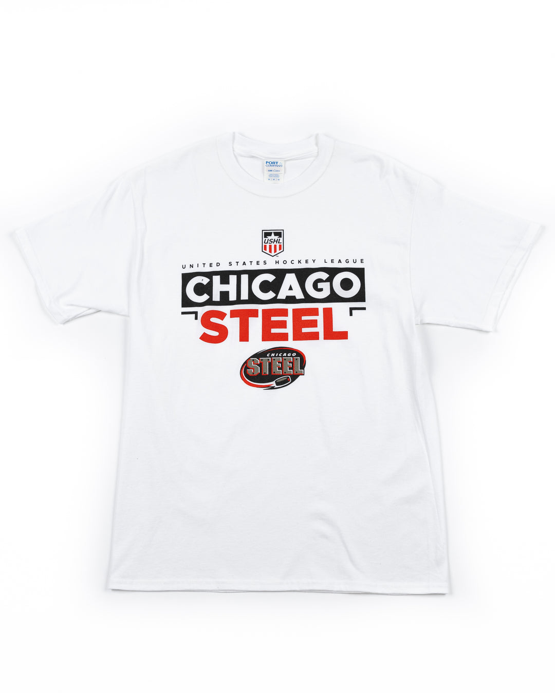 white short sleeve tee with USHL Chicago Steel wordmark graphic across front - front lay flat