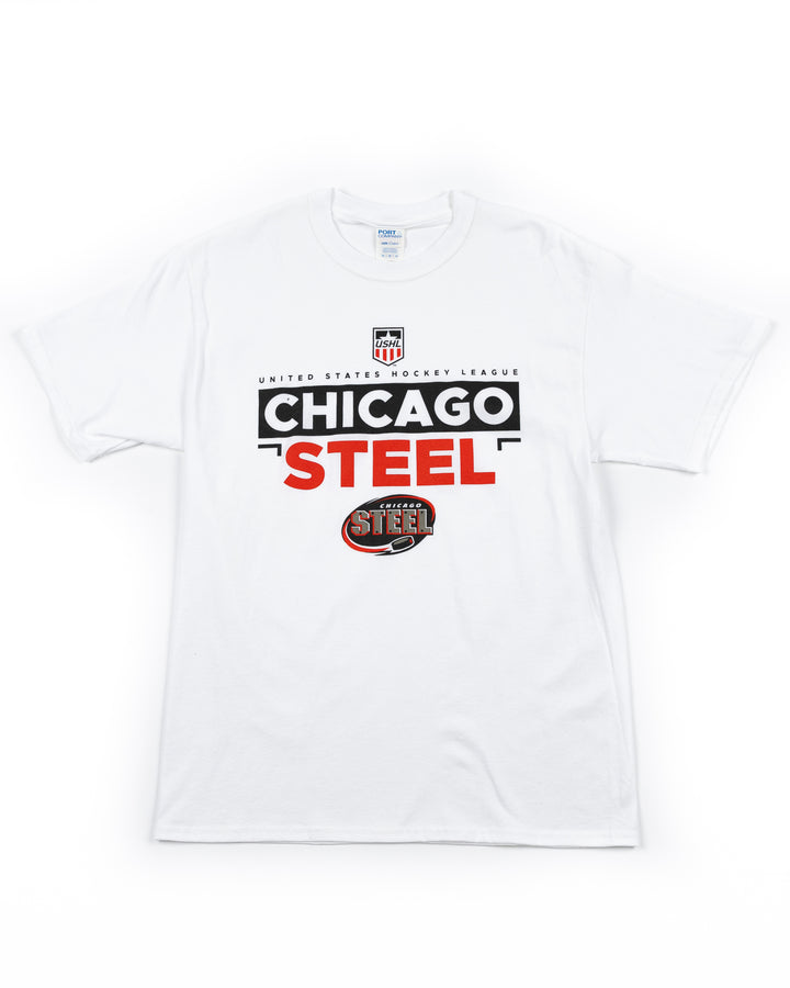 white short sleeve tee with USHL Chicago Steel wordmark graphic across front - front lay flat