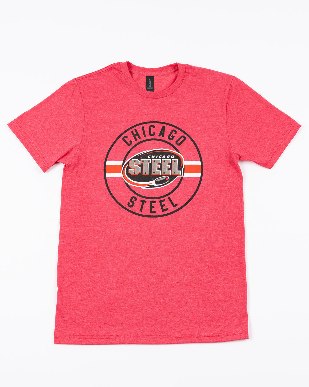 heather red soft short sleeve tee with Chicago Steel wordmark graphic and logo printed on front - front lay flat