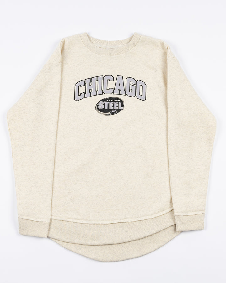 cream ladies crewneck sweater with collegiate-inspired Chicago wordmark and Chicago Steel logo across front - front lay flat