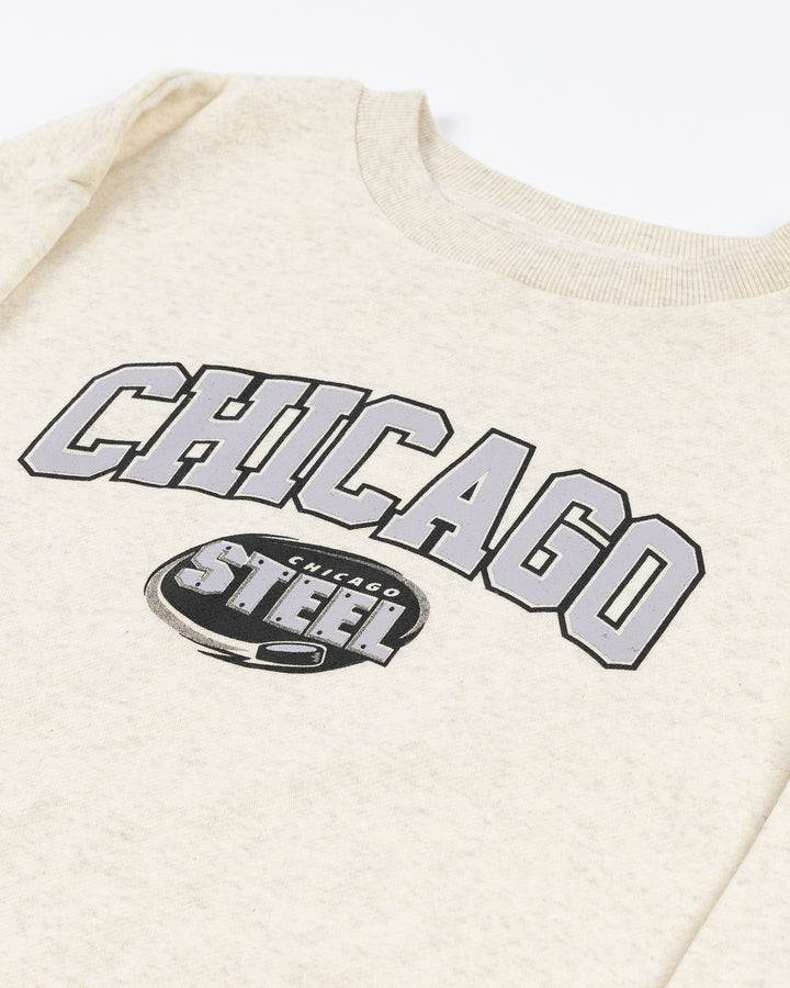 cream ladies crewneck sweater with collegiate-inspired Chicago wordmark and Chicago Steel logo across front - front detail lay flat