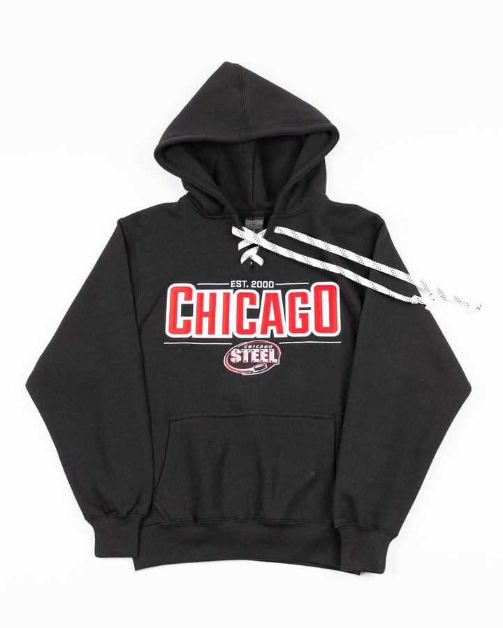 youth black lacer hoodie with Chicago Steel wordmark and logo embroidered on front - front lay flat