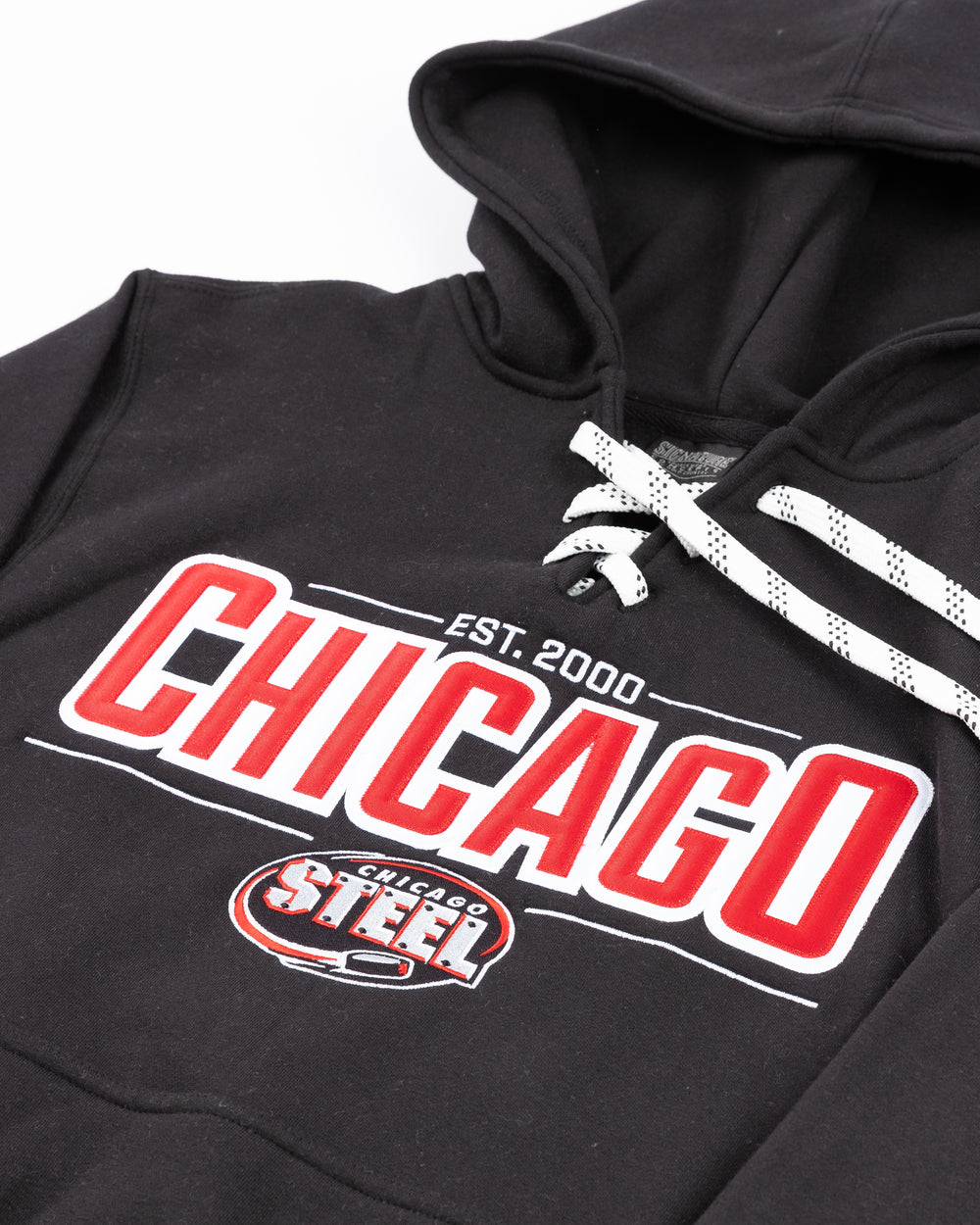 youth black lacer hoodie with Chicago Steel wordmark and logo embroidered on front - front detail lay flat