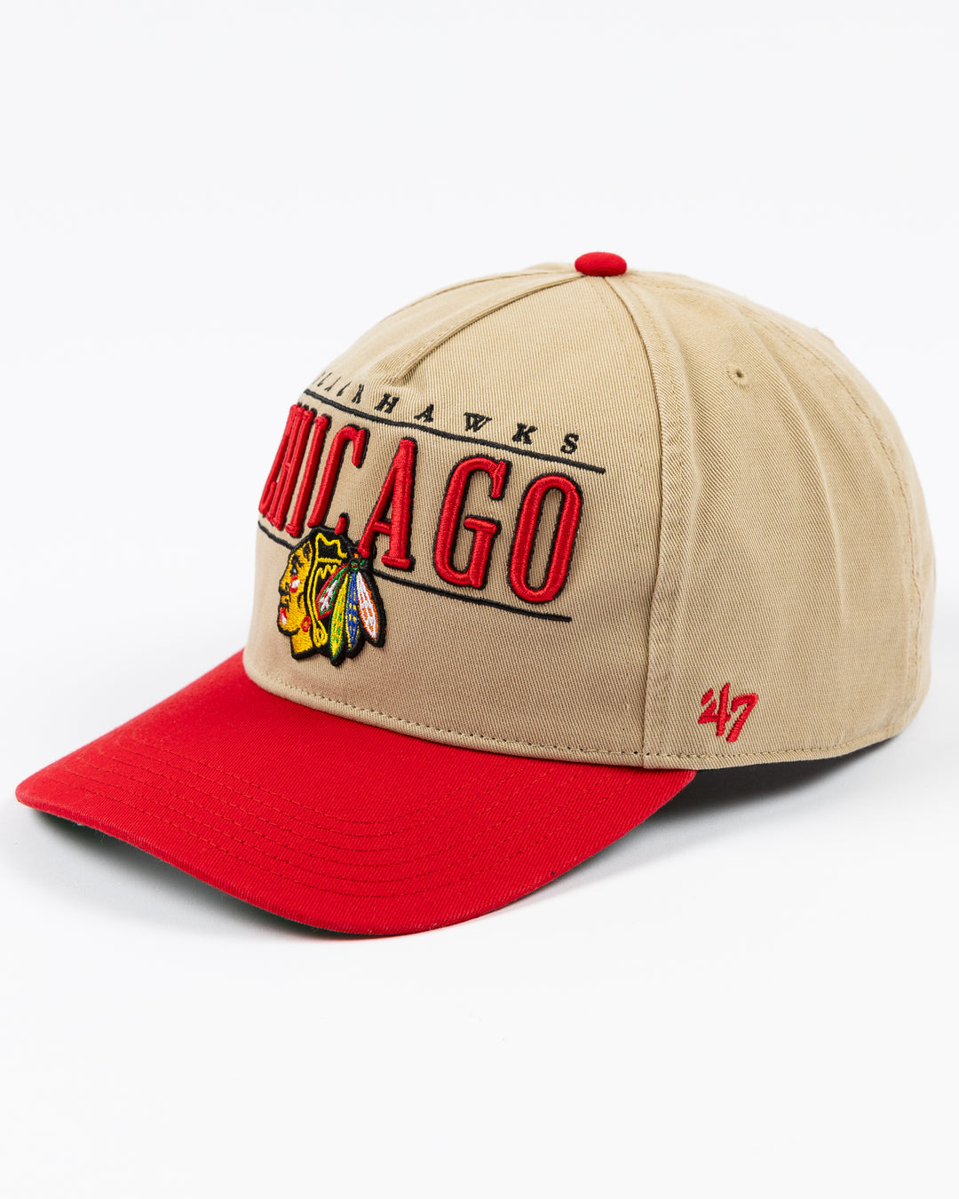 khaki '47 brand adjustable cap with Chicago Blackhawks wordmark and primary logo embroidered on front with red visor - left angle lay flat