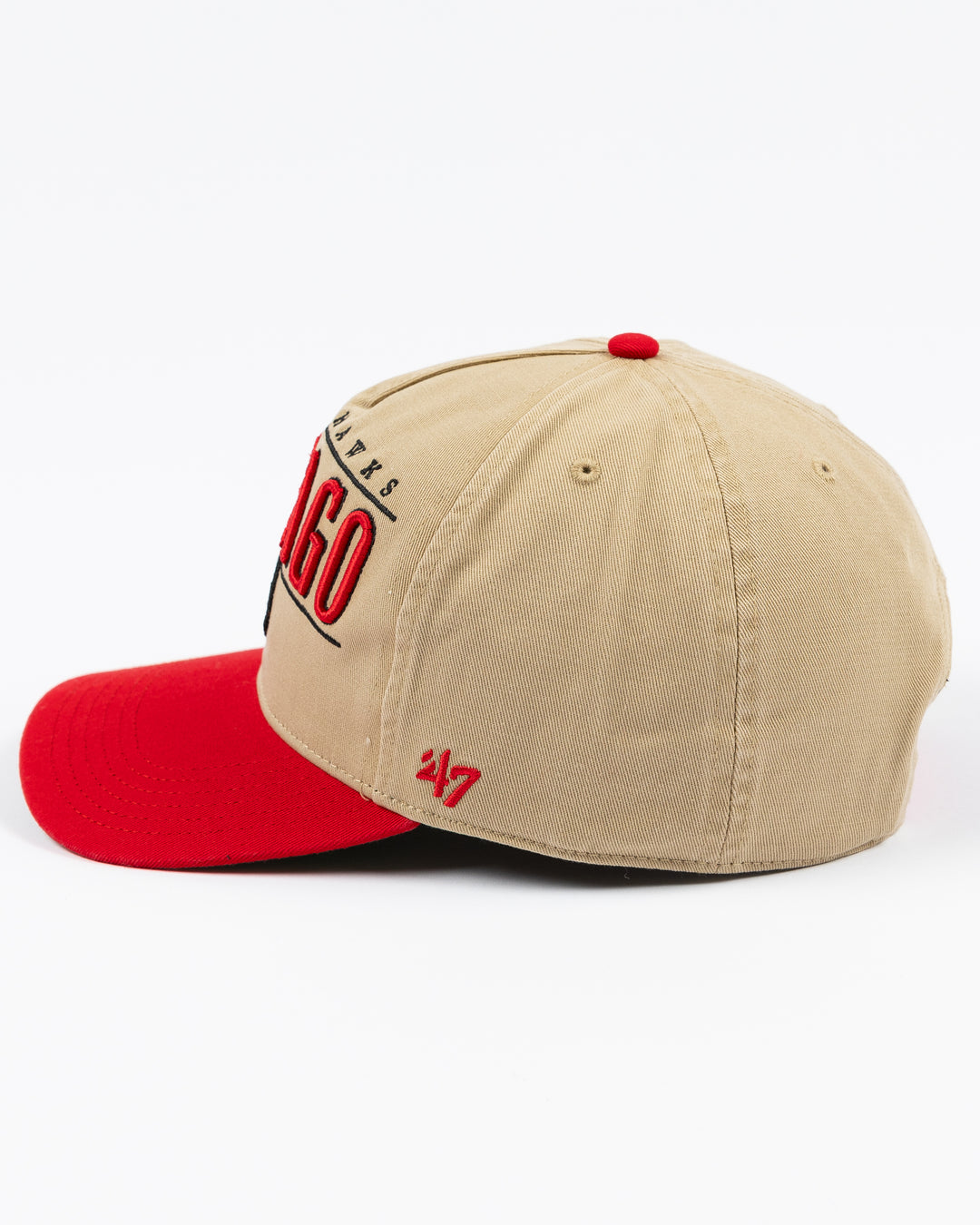 khaki '47 brand adjustable cap with Chicago Blackhawks wordmark and primary logo embroidered on front with red visor - left side lay flat