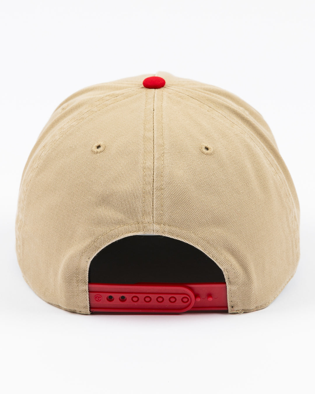 khaki '47 brand adjustable cap with Chicago Blackhawks wordmark and primary logo embroidered on front with red visor - back lay flat