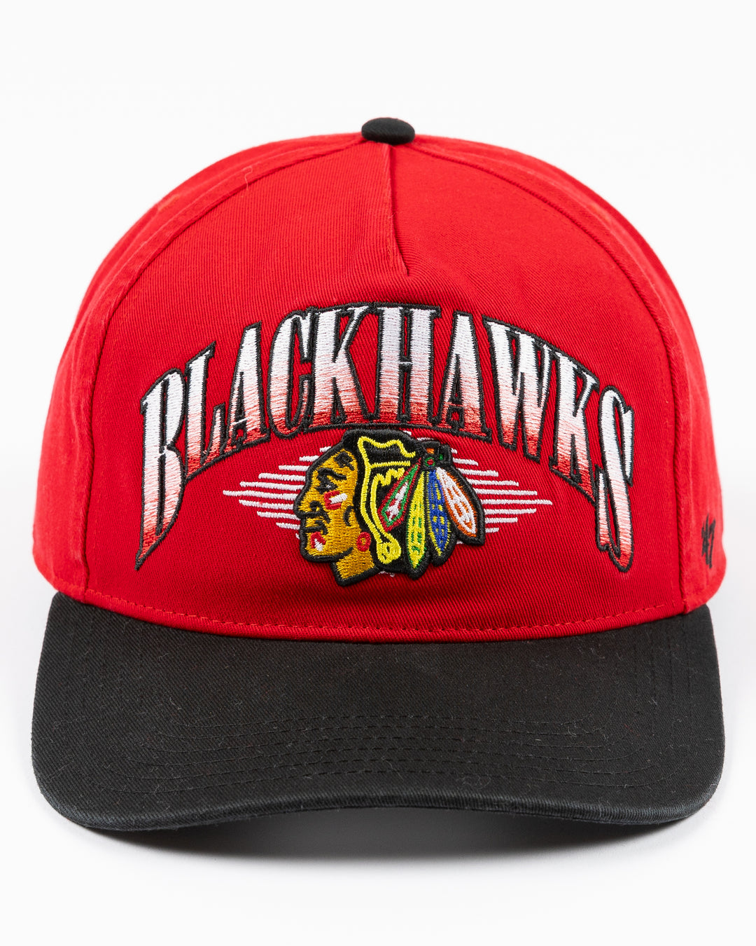 two tone red and black '47 brand adjustable cap with Chicago Blackhawks wordmark and primary logo embroidered on front - front lay flat