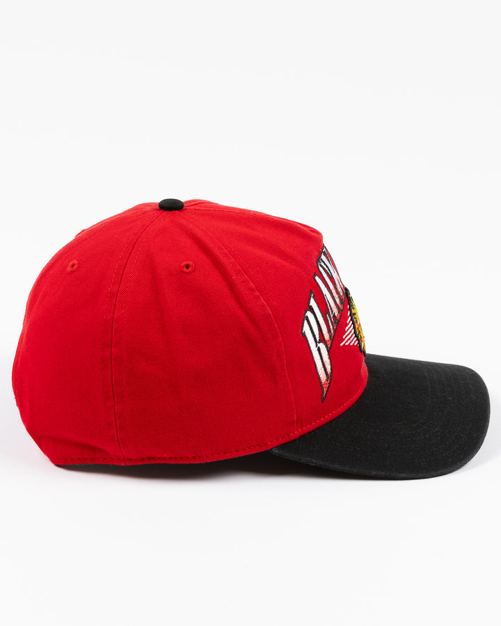 two tone red and black '47 brand adjustable cap with Chicago Blackhawks wordmark and primary logo embroidered on front - right side lay flat