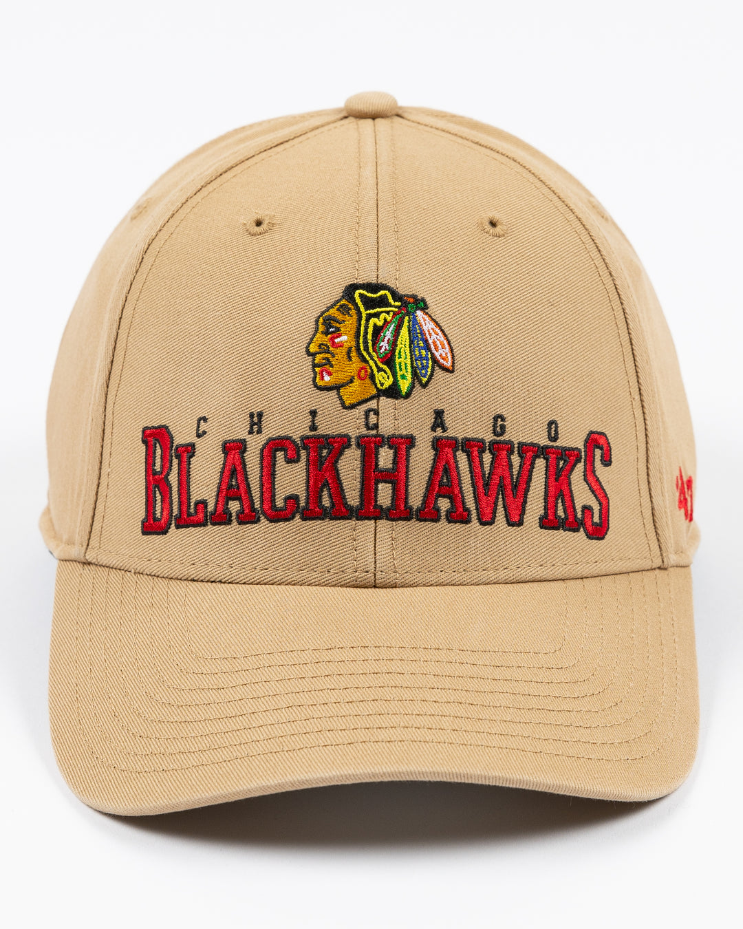 khaki '47 brand adjustable cap with Chicago Blackhawks wordmark and primary logo embroidered on front - front lay flat