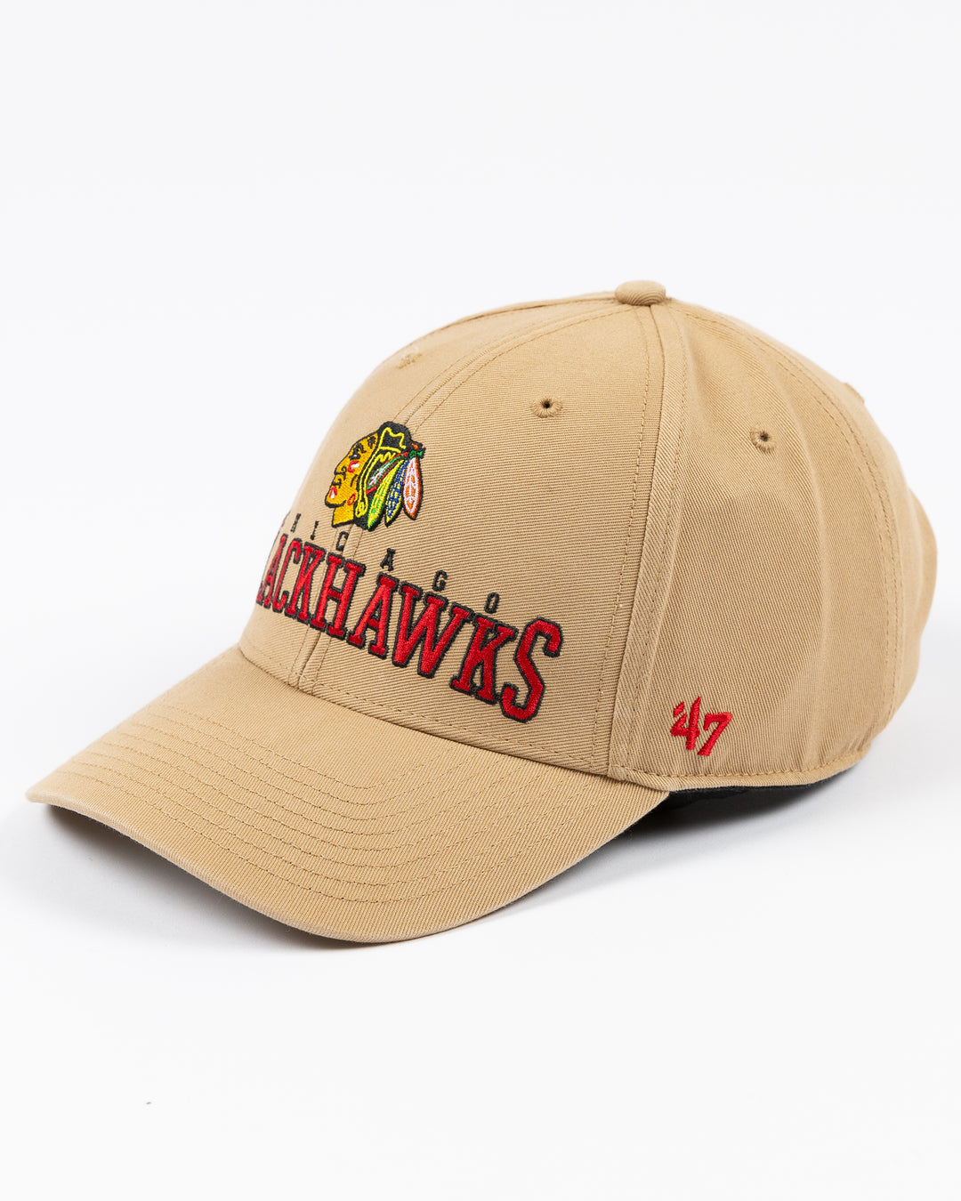 khaki '47 brand adjustable cap with Chicago Blackhawks wordmark and primary logo embroidered on front - left angle lay flat