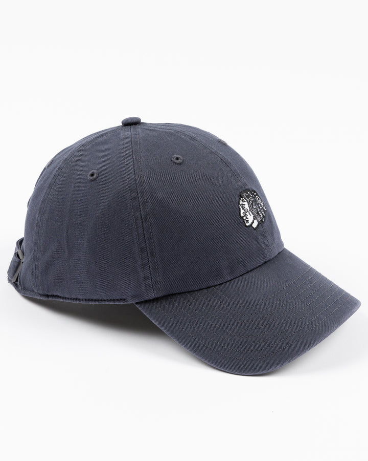 navy '47 brand clean up cap with mini tonal Chicago Blackhawks primary logo embroidered on front - right angle lay flat