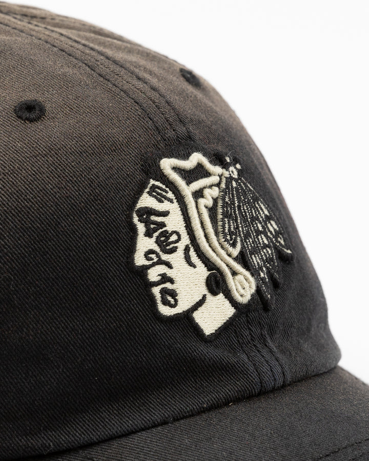 dusted gradient black '47 adjustable cap with tonal embroidered Chicago Blackhawks primary logo on front - front detail lay flat