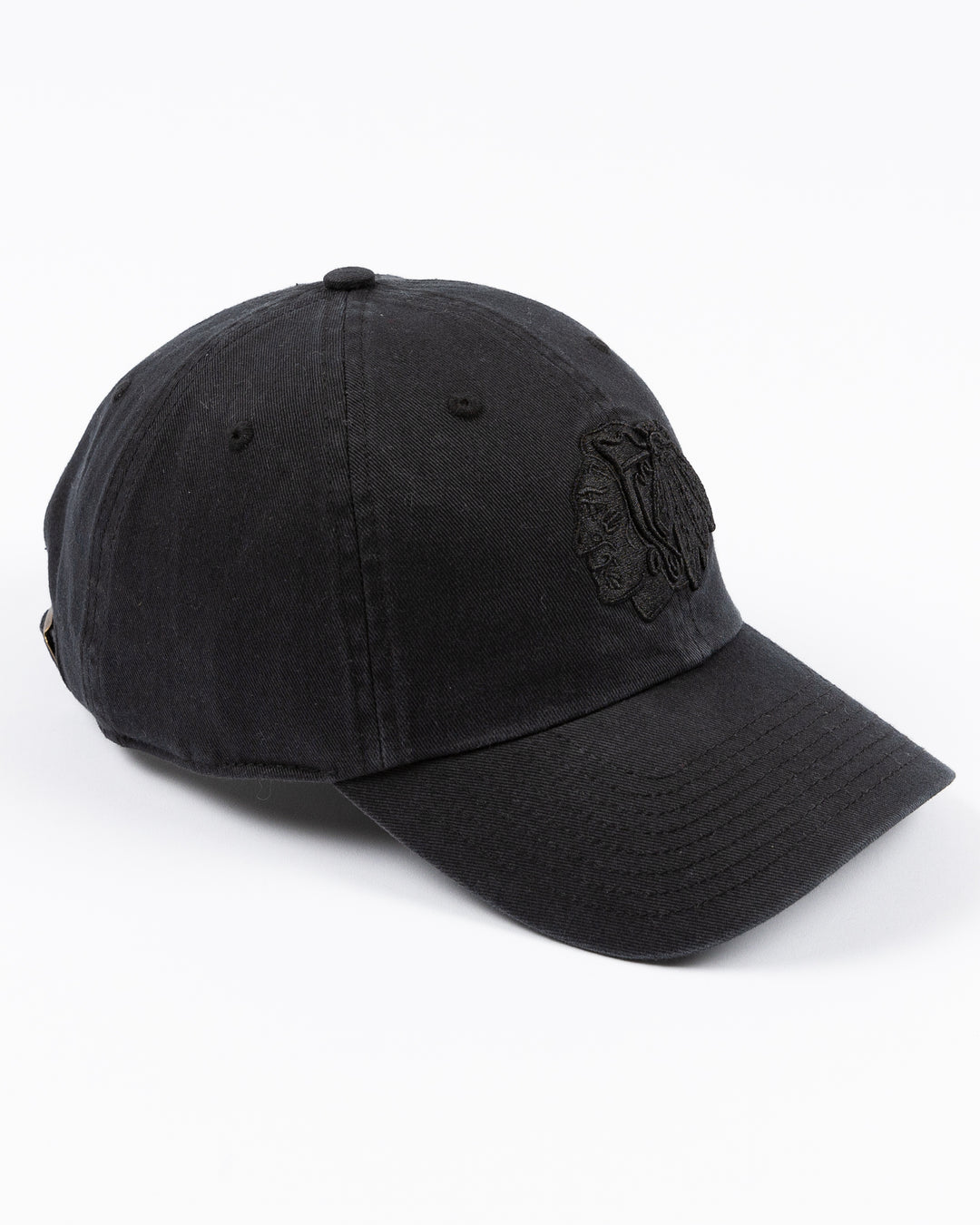 '47 brand adjustable black cap with tonal black Chicago Blackhawks primary logo embroidered on front - right angle lay flat