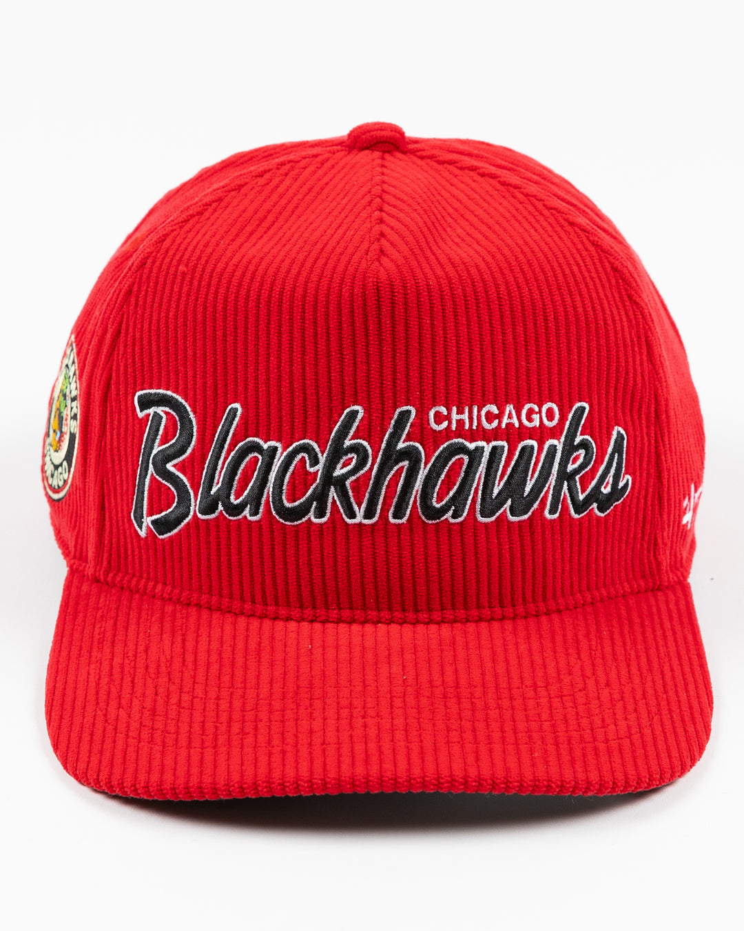 red corduroy '47 brand adjustable hat with embroidered Chicago Blackhawks wordmark on front and vintage logo on right side - front lay flat