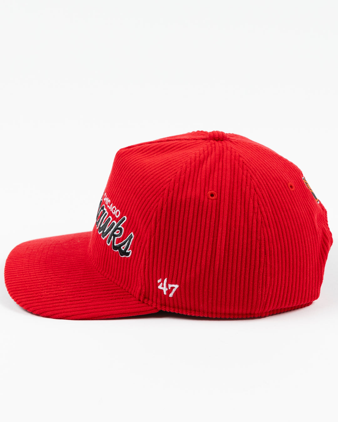 red corduroy '47 brand adjustable hat with embroidered Chicago Blackhawks wordmark on front and vintage logo on right side - left side lay flat