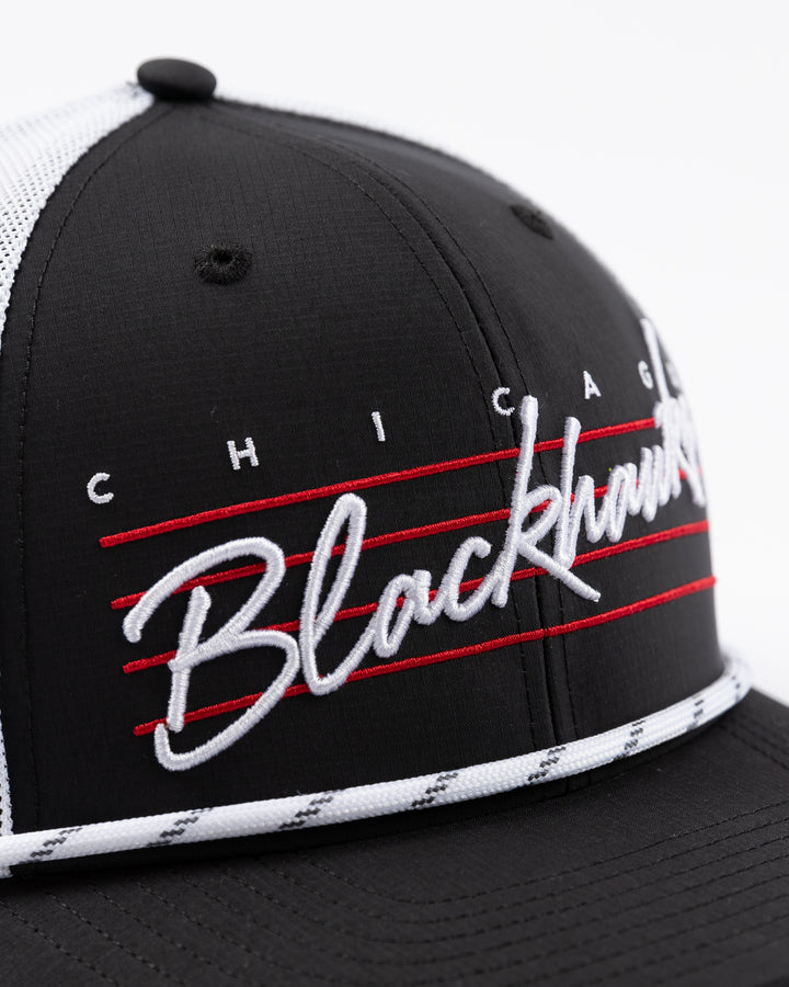 black and white rope adjustable trucker '47 brand cap with Chicago Blackhawks retro word graphic on front - front detail lay flat