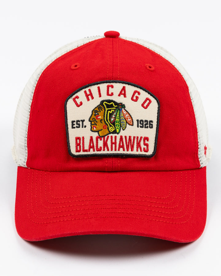 red and white '7 brand adjustable trucker with Chicago Blackhawks patch embroidered on front - front lay flat