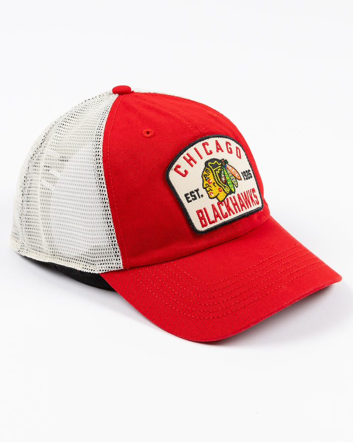 red and white '7 brand adjustable trucker with Chicago Blackhawks patch embroidered on front - right angle lay flat